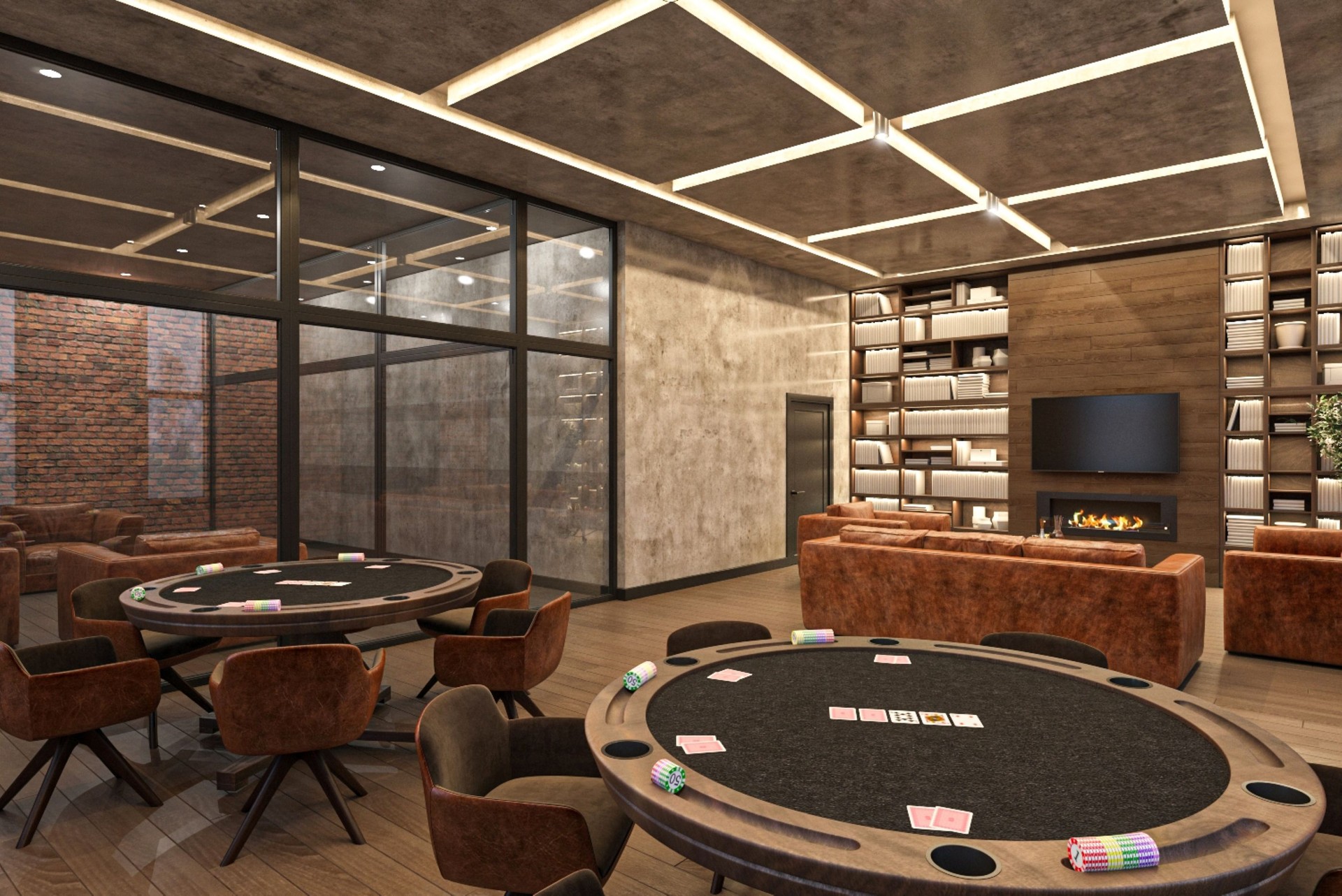 Modern Lounge and Game Room with Elegant Design and Poker Setup