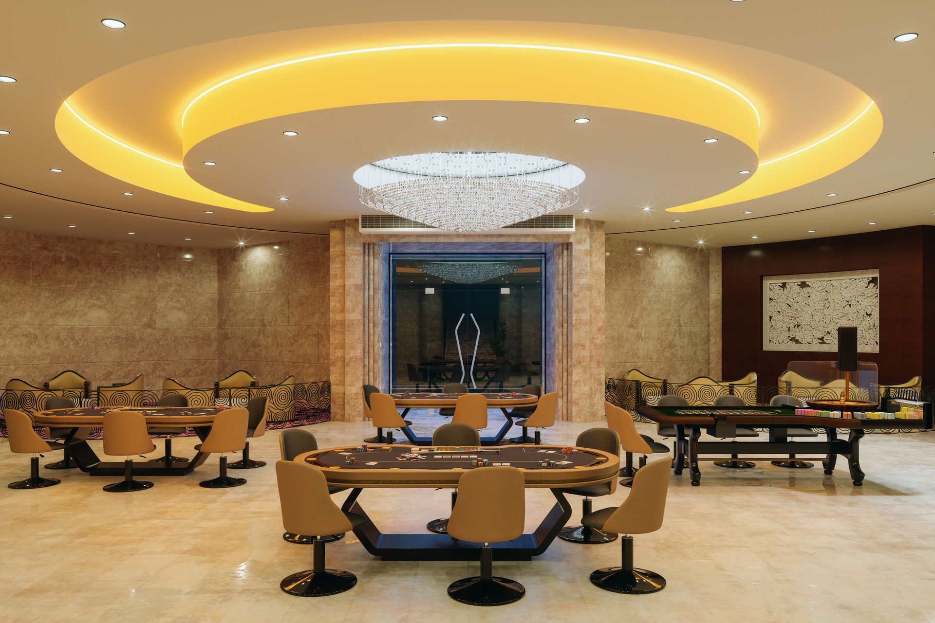 Empty Tables With Gambling Chips And Playing Cards In Luxury Casino